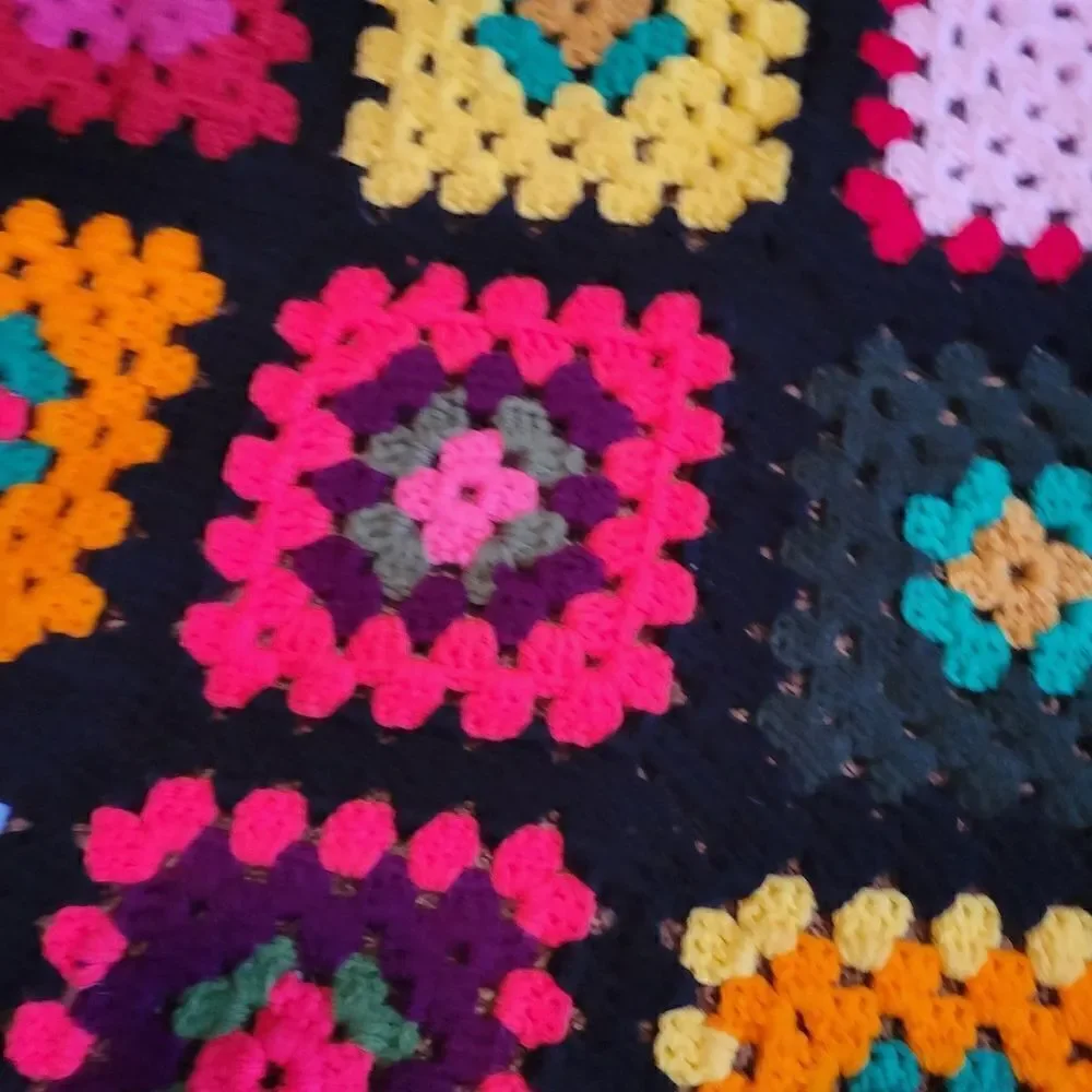 Vintage 80s Roseann Show Granny Square Afghan crochet Handmade Blanket